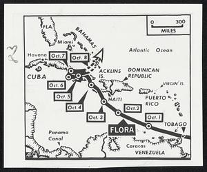 Map, route of Hurricane Flora
