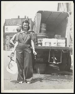Delivering Ice is a sideline for Miss Frances Murphy of Woburn who operates from the rear of his truck when she has time off from her task of learning to be a government cobbler at a Lynn shoe factory.
