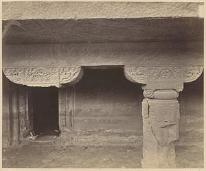 Close view of pillar and capital in porch of Buddhist Vihara, Cave XXIV, Ajanta