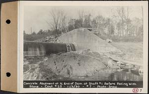 Contract No. 25,Superstructure, Wachusett Outlet Works Building, Shaft 1, Wachusett-Coldbrook Tunnel, West Boylston, concrete abutment at north end of dam at Shaft 1 before facing with stone, West Boylston, Mass., Nov. 3, 1930