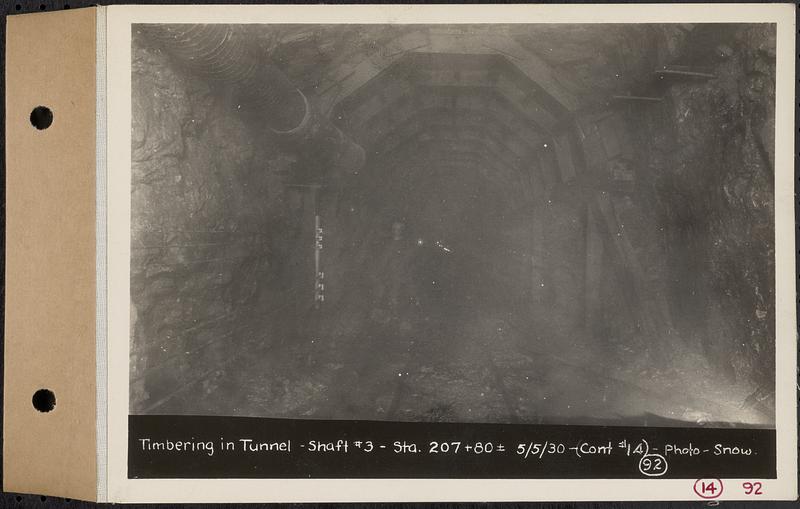 Contract No. 14, East Portion, Wachusett-Coldbrook Tunnel, West Boylston, Holden, Rutland, timbering in tunnel, Shaft 3, Sta. 207+80+/-, Holden, Mass., May 5, 1930