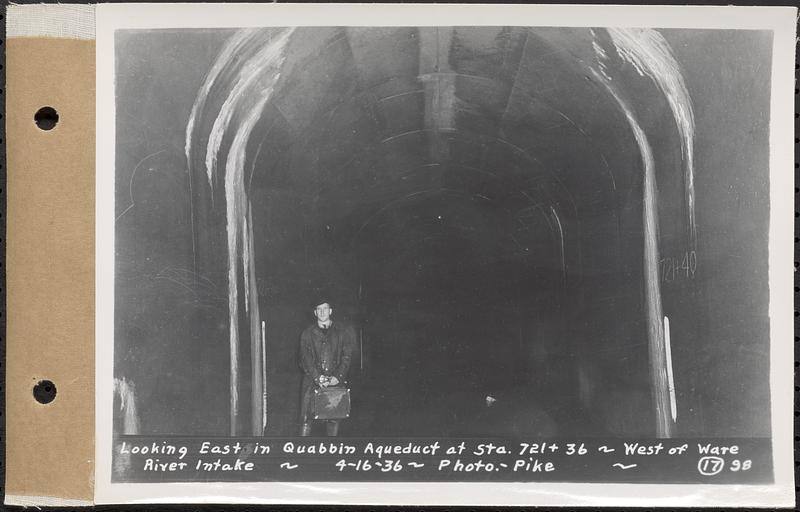 Contract No. 17, West Portion, Wachusett-Coldbrook Tunnel, Rutland, Oakham, Barre, looking east in Quabbin Aqueduct at Sta. 721+36, west of Ware River Intake, Barre, Mass., Apr. 16, 1936