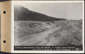 Contract No. 49, Excavating Diversion Channels, Site of Quabbin Reservoir, Dana, Hardwick, Greenwich, looking downstream from Sta. 28+50, middle-east channel, Hardwick, Mass., May 20, 1936