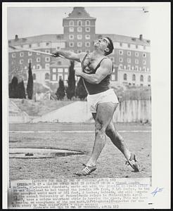 Claims World Mark in Javelin Throw - Miguel Quadra Salcedo, 23-year-old Spaniard, works out with the javelin in Spain after it was disclosed he had tossed the javelin 284 feet, 7 1/2 inches, to top the accepted world mark of 281 feet, 2 inches. Salcedo, who will compete at the annual University of Pennsylvania relays in Philadelphia April 26-27, uses a unique underhand style in heaving the spear. This may have a bearing on acceptance of the new mark.