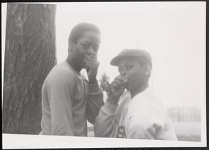 Two boys covering their mouths