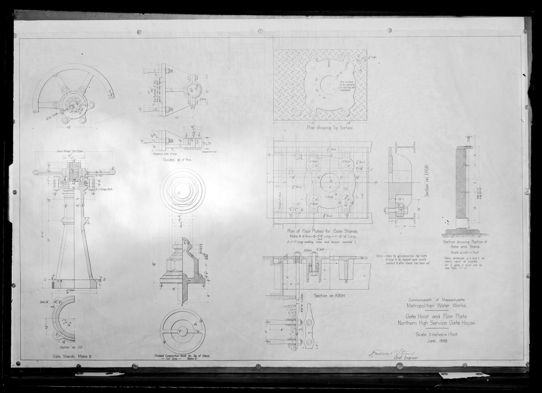 Engineering Plans, Distribution Department, Northern High Service Middlesex Fells Reservoir, Gatehouse, gate hoist and floor plate, Stoneham, Mass., Jun. 1898