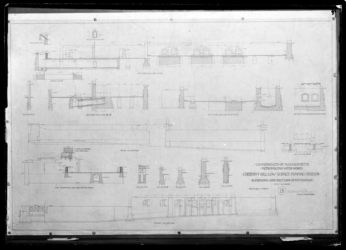 Engineering Plans, Distribution Department, Chestnut Hill Low Service Pumping Station, elevations and sections of foundations, Sheet B, Brighton, Mass., Jul. 30, 1898