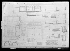 Engineering Plans, Distribution Department, Northern High Service Spot Pond Pumping Station, plan and sections of foundations, Sheet A, Stoneham, Mass., Oct. 15, 1898