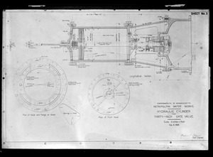 Engineering Plans, Distribution Department, hydraulic cylinder for 30-inch gate valve, Sheet No. 3, Mass., Feb. 6, 1899