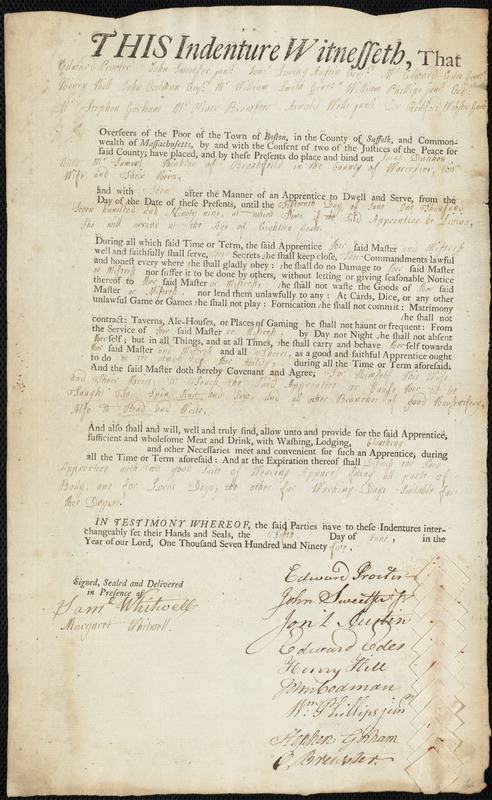 Sarah Dunken indentured to apprentice with Samuel Hinckley [Hinkley] of Brookfield, 5 June 1795
