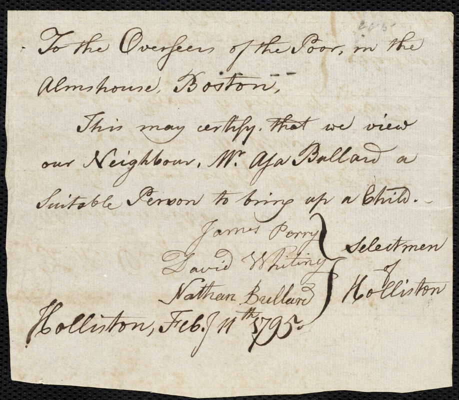 William Gorden indentured to apprentice with Asa Ballard of Holliston, 5 January 1795