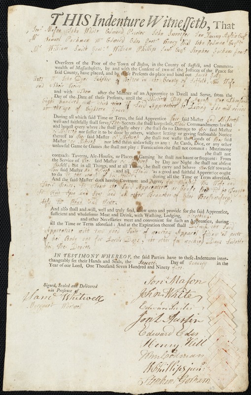 Sarah Gally (Legalley) indentured to apprentice with John Dyer of Boston, 7 January 1795