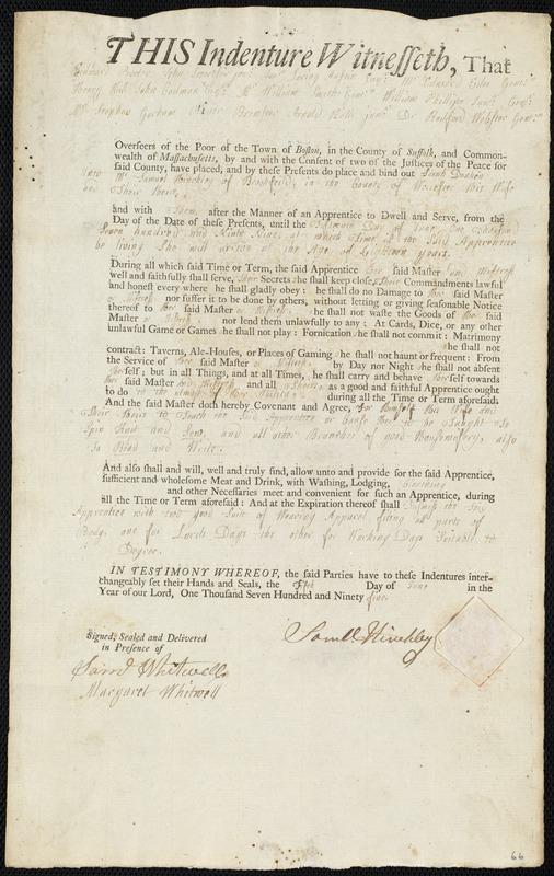 Sarah Dunken indentured to apprentice with Samuel Hinckley of Brookfield, 5 June 1795