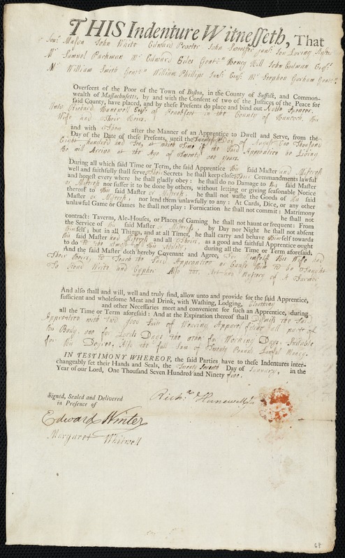 Noble Spencer indentured to apprentice with Richard Hunnewell, Jr. of Penobscot, 27 January 1795