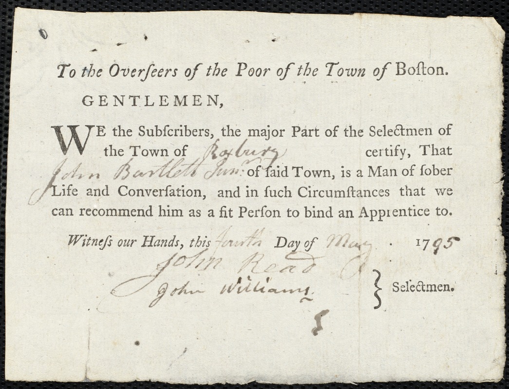 Sarah Harris indentured to apprentice with John Bartlett, Jr. of Roxbury, 6 May 1795