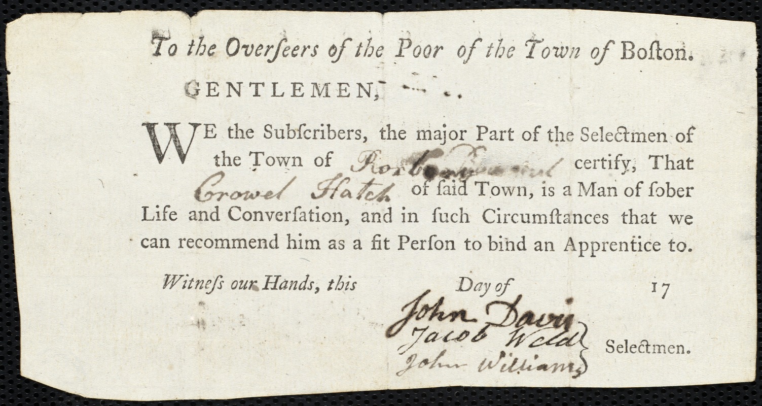 Abigail Adams indentured to apprentice with Crowel Hatch of Roxbury, 30 July 1795
