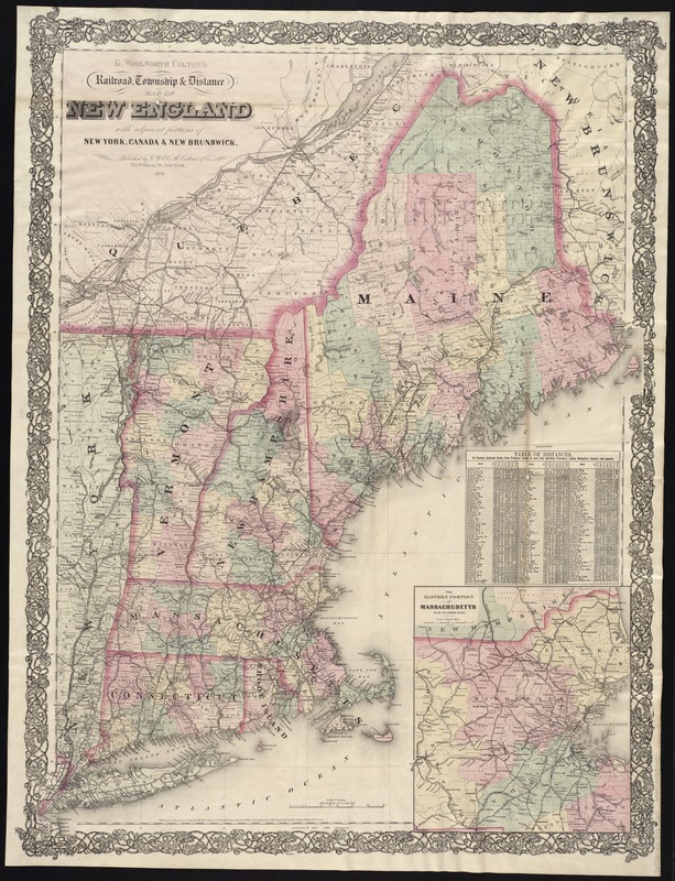 G. Woolworth Colton's railroad, township & distance map of New England