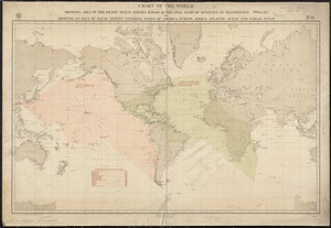Chart of the world showing area in the Pacific Ocean having Hawaii as the only base of supplies in transpacific voyages and showing an area of equal extent covering parts of America, Europe, Africa, Atlantic Ocean and Indian Ocean