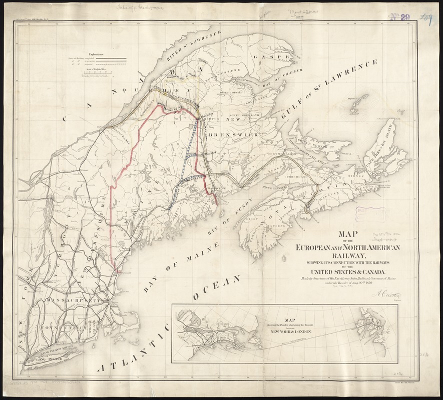 Map of the European and North American Railway, showing its connection with the railways of the United States & Canada; made by direction of His Excellency John Hubbard, Governor of Maine under the resolve of Aug. 20th 1850