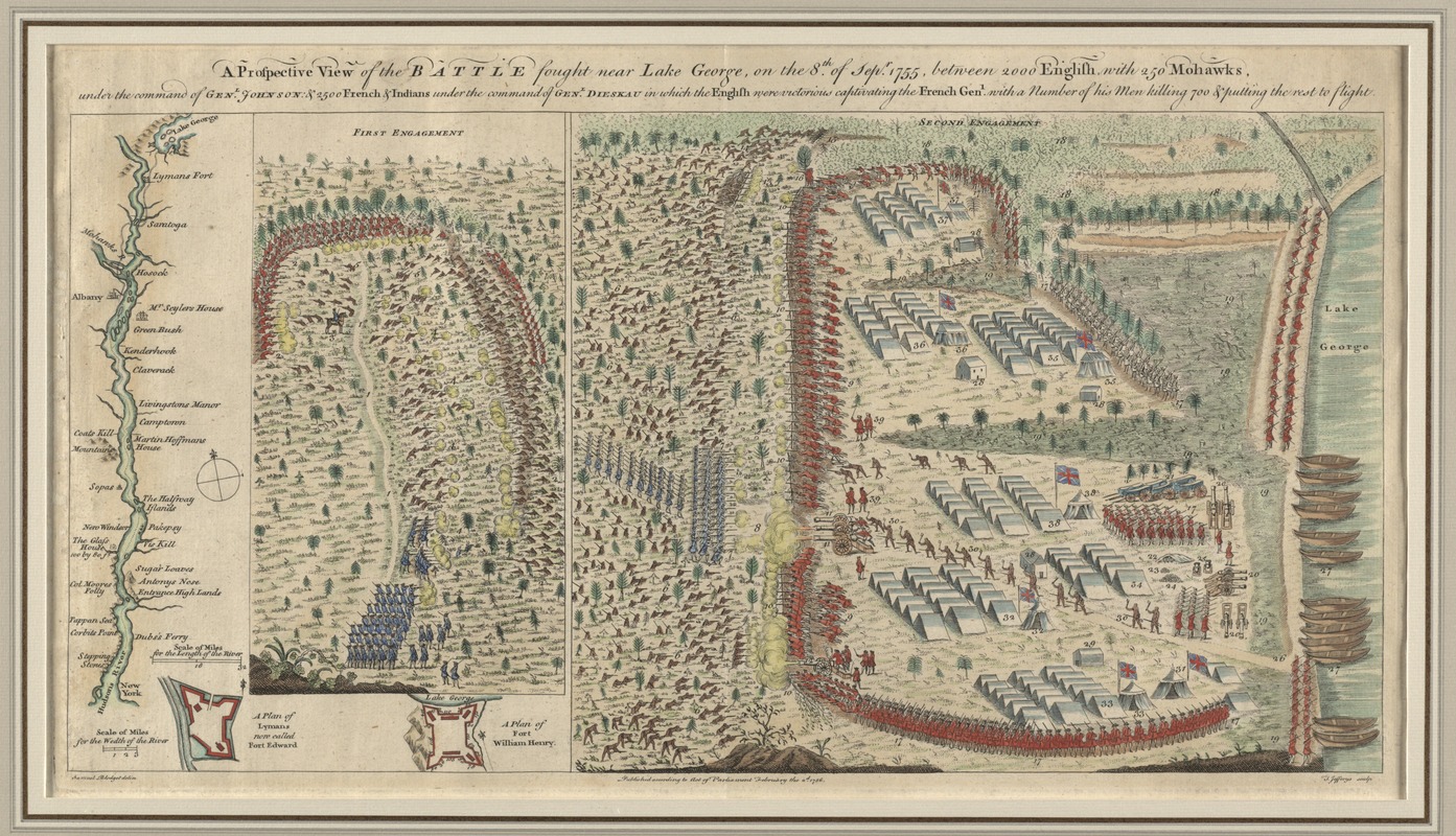 A prospective view of the battle fought near Lake George, on the 8th of Sepr. 1755, between 2000 English, with 250 Mohawks, under the command of Genl. Johnson