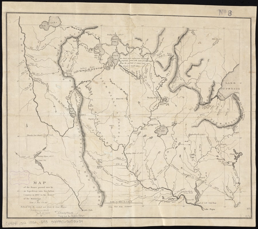 Map of the route passed over by an expedition into the Indian country in 1832 to the source of the Mississippi