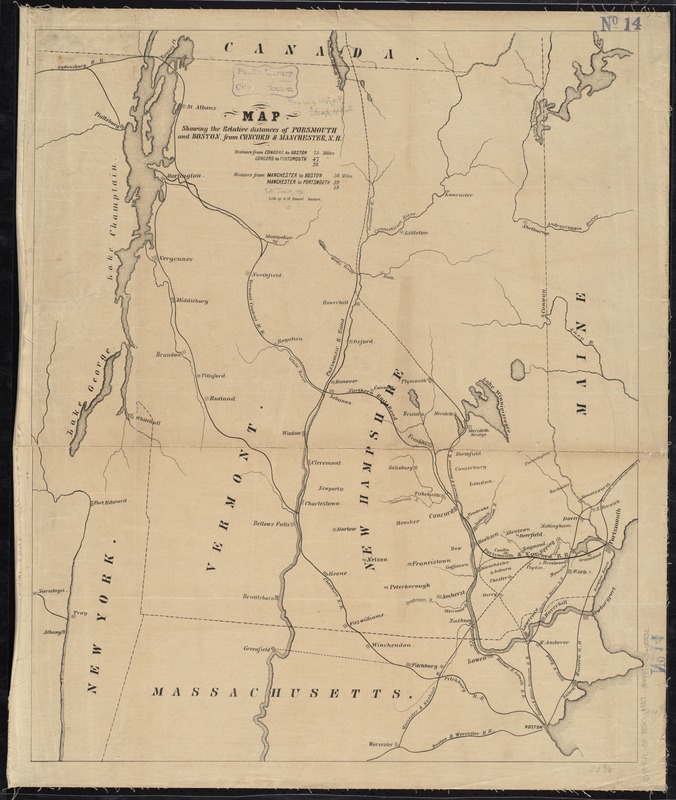 Map showing the relative distances of Porsmouth [i.e. Portsmouth] and Boston from Concord & Manchester, N.H