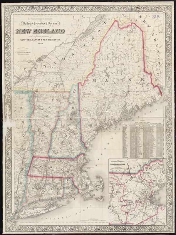 G. Woolworth Colton's railroad, township & distance map of New England with adjacent portions of New York, Canada & New Brunswick