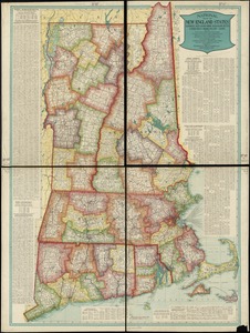 National map of New England states Vermont, New Hampshire, Massachusetts, Connecticut, Rhode Island and Maine showing counties in different colors, towns, cities, villages and post offices, steam and electric railways with stations and distances between stations and other features, complete index to all places on map with population according to census of 1910