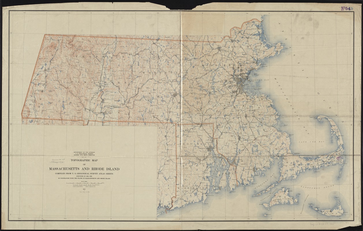 Topographic map of Massachusetts and Rhode Island