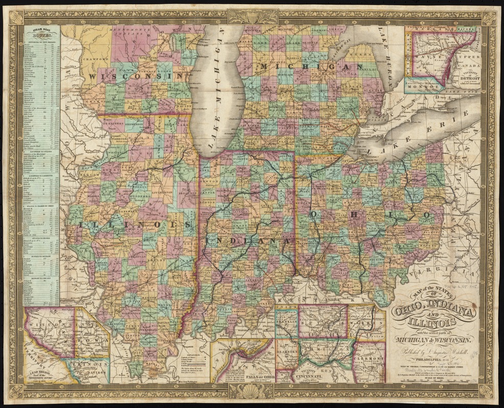 Map of the states of Ohio, Indiana and Illinois with the settled parts of Michigan & Wisconsin