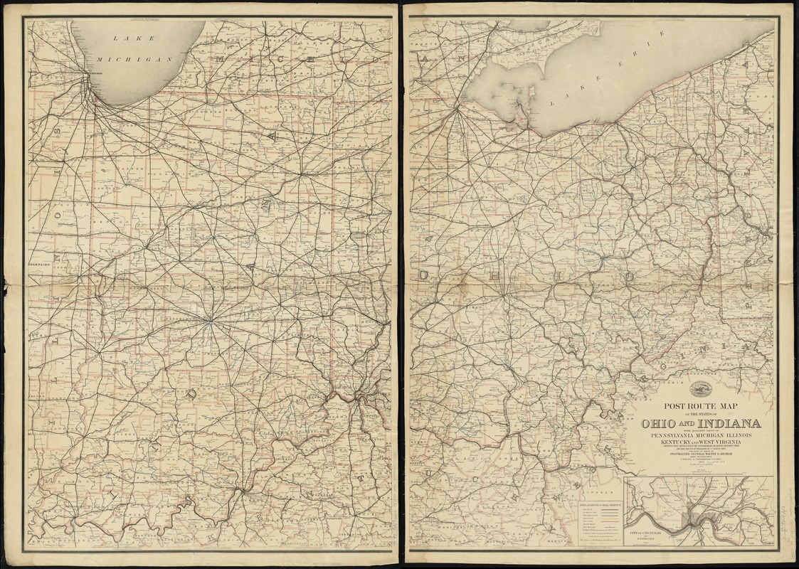 Post route map of the states of Ohio and Indiana with adjacent parts of Pennsylvania, Michigan, Illinois, Kentucky and West Virginia showing post offices, with the intermediate distances between them and mail routes in operation on 1st August 1883