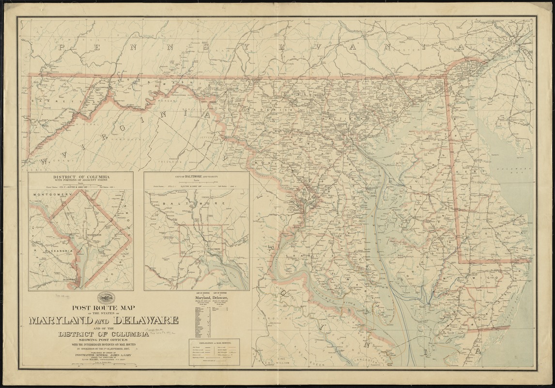 Post route map of the states of Maryland and Delaware and of the District of Columbia showing post offices with the intermediate distances on mail routes in operation on the 1st. of September, 1897