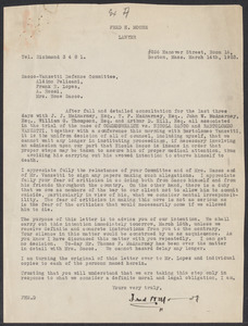 Sacco-Vanzetti Case Records, 1920-1928. Defense Papers. TLS from Fred H. Moore to Sacco-Vanzetti Defense Committee (Aldino Felicani, Frank R. Lopez, A. Rossi, and Mrs. Rose Sacco), March 4, 1923. Reply to above letter, TLS, March 14, 1923. Box 6, Folder 2, Harvard Law School Library, Historical & Special Collections