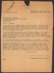 Sacco-Vanzetti Case Records, 1920-1928. Defense Papers. Letter to Hon. Harold P. Williams (District Attorney for Norfolk County) from Sacco's attorneys, unsigned carbon, March 15, 1923. Box 6, Folder 3, Harvard Law School Library, Historical & Special Collections