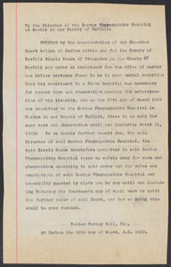 Sacco-Vanzetti Case Records, 1920-1928. Defense Papers. Letter committing Sacco to Boston Psychopathic Hospital, March 30, 1923. Box 6, Folder 6, Harvard Law School Library, Historical & Special Collections