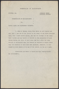 Sacco-Vanzetti Case Records, 1920-1928. Defense Papers. Jurors' Affidavits, 1921. Box 7, Folder 1, Harvard Law School Library, Historical & Special Collections