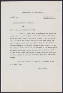 Sacco-Vanzetti Case Records, 1920-1928. Defense Papers. Affidavit of Alfred L. Atwood, November 16, 1921. Box 7, Folder 2, Harvard Law School Library, Historical & Special Collections