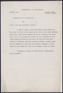 Sacco-Vanzetti Case Records, 1920-1928. Defense Papers. Affidavit of John H. Ganley, November 22, 1921. Box 7, Folder 5, Harvard Law School Library, Historical & Special Collections