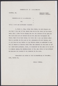Sacco-Vanzetti Case Records, 1920-1928. Defense Papers. Affidavit of Harry E. King, November 16, 1921. Box 7, Folder 8, Harvard Law School Library, Historical & Special Collections