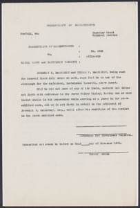 Sacco-Vanzetti Case Records, 1920-1928. Defense Papers. Affidavits of Jeremiah J. and Thomas F. McAnarney, November 1921. Box 7, Folder 11, Harvard Law School Library, Historical & Special Collections