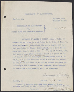 Sacco-Vanzetti Case Records, 1920-1928. Defense Papers. Affidavit of Amanda Ripley (signed original), October 29, 1921. Box 7, Folder 16, Harvard Law School Library, Historical & Special Collections