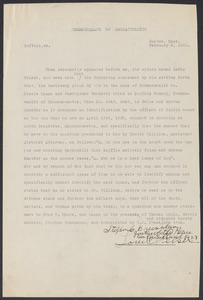 Sacco-Vanzetti Case Records, 1920-1928. Defense Papers. Statement of Louis Pelser February 4, 1922. Box 8, Folder 8, Harvard Law School Library, Historical & Special Collections