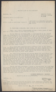 Sacco-Vanzetti Case Records, 1920-1928. Defense Papers. Affidavit of Gwendolyn S. Beamish (stenographer) on Second Supplementary Motion for New Trial. (Includes statement of Louis Pelser, questioned by Robert Reid, which Ms. Beamish witnessed on March 26, 1921), May 6, 1922. Box 8, Folder 9, Harvard Law School Library, Historical & Special Collections