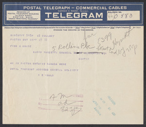 Sacco-Vanzetti Case Records, 1920-1928. Defense Papers. Telegram from Gould to Moore, September 19, 1922. Box 8, Folder 11, Harvard Law School Library, Historical & Special Collections