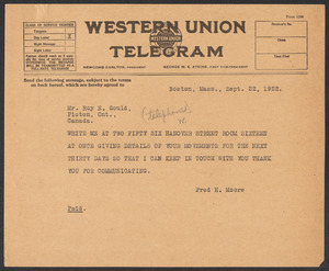 Sacco-Vanzetti Case Records, 1920-1928. Defense Papers. Telegram from Moore to Gould, September, 1922. Box 8, Folder 12, Harvard Law School Library, Historical & Special Collections