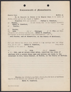 Sacco-Vanzetti Case Records, 1920-1928. Defense Papers. Libel for Divorce (Crawford), January 21, 1922 Also Perley L. Crawford v. Mabel R. Crawford Decree Nisi, June 23, 1922. Box 8, Folder 13, Harvard Law School Library, Historical & Special Collections