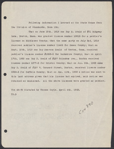 Sacco-Vanzetti Case Records, 1920-1928. Defense Papers. Information re: Gould. Written by Thomas Doyle, April 4, 1923. Box 8, Folder 18, Harvard Law School Library, Historical & Special Collections