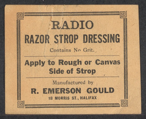 Sacco-Vanzetti Case Records, 1920-1928. Defense Papers. Label for Radio Razor Strop Dressing manufactured by R. Emerson Gould, n.d. Box 8, Folder 27, Harvard Law School Library, Historical & Special Collections
