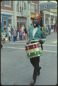 Shriners marching band drummer, parade, Highland Avenue, Somerville, Massachusetts