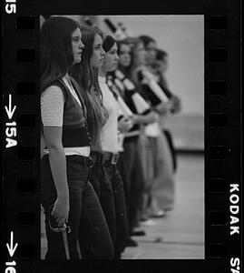 Drum-and-bugle practice in high school gym, Lynnfield